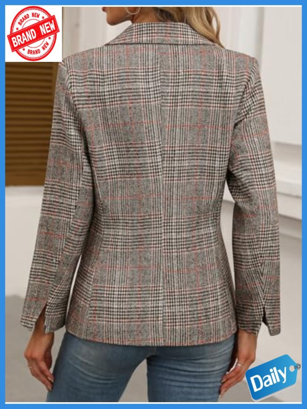 Women's Plaid Blazer Business Casual Work Office Suit Jacket Houndstooth Tweed - Picture 2 of 6